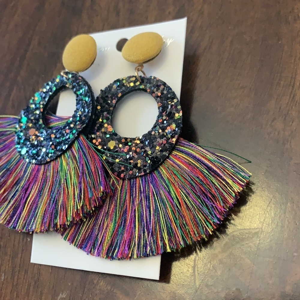 Multicolored Rainbow Boho Glitter Tassel Statement Earrings - Picture 7 of 7